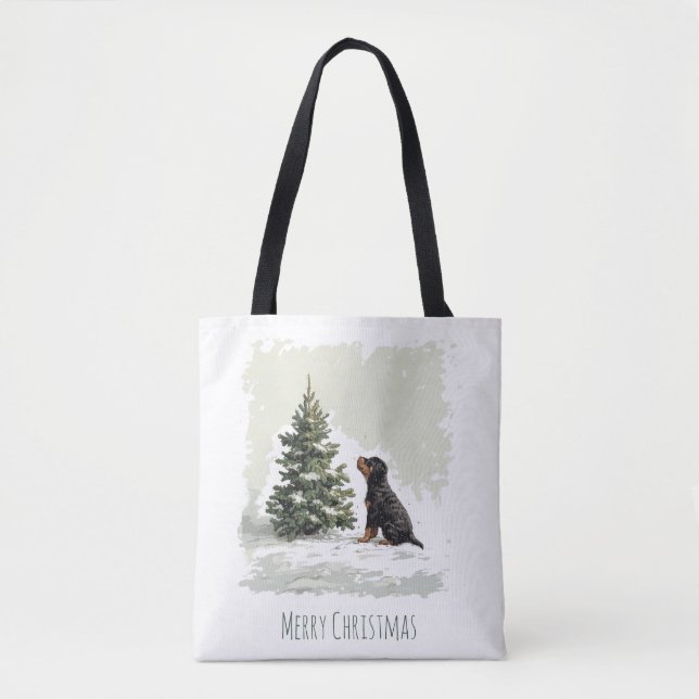Tote Bag Joyeux Noël Rottweiler Chien Arbre de Noël (Devant)