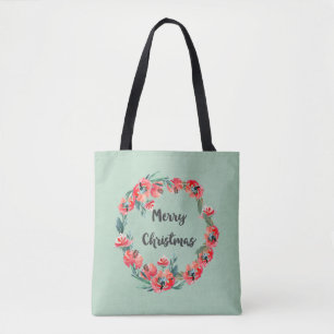 Tote Bag Joyeux Noël Rouge Floral Aquarelle Wreath