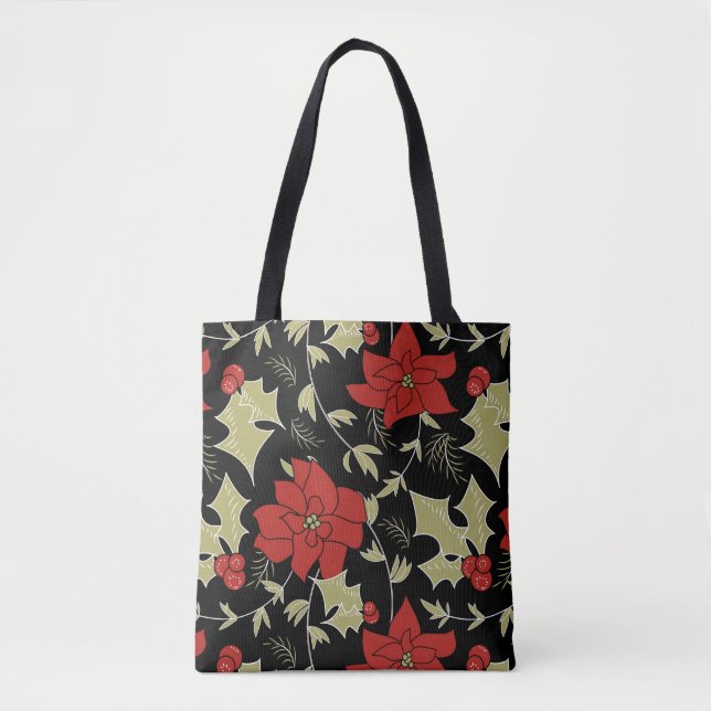 Tote Bag Joyeux Noël rouge poinsettia vert eul (Devant)
