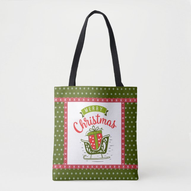 Tote Bag Joyeux Noël Sleigh Festif Rouge Green Snowflake (Devant)