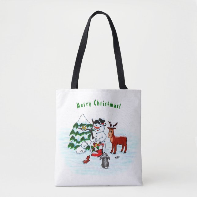 Tote Bag Joyeux Noël ! Snowman avec amis (Devant)