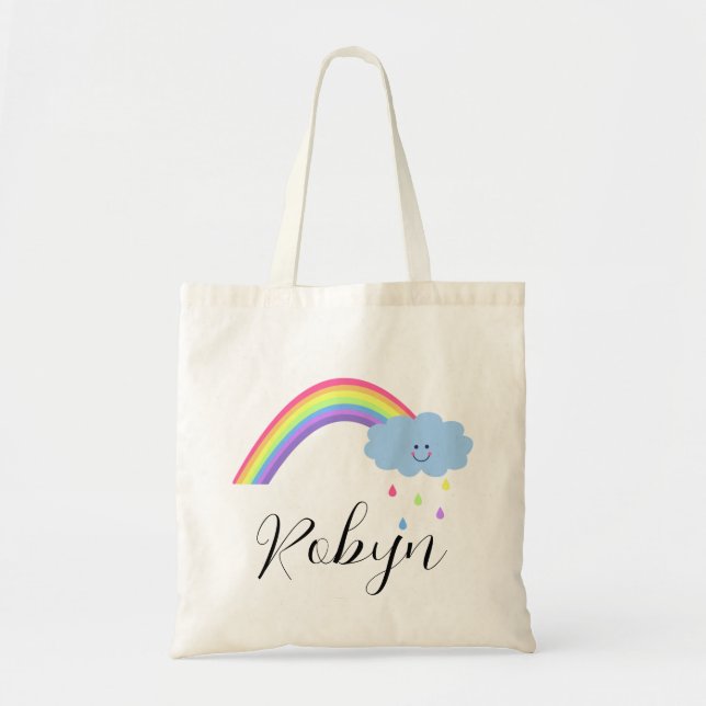 Tote Bag Joyeux nuage et arc-en-ciel, votre nom en écriture (Devant)