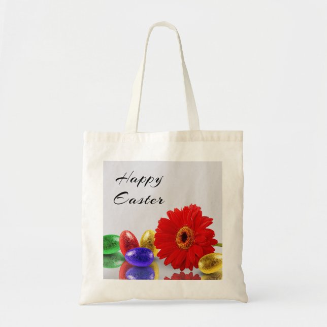 Tote Bag Joyeux Oeufs de Pâques colorés avec Gerbera (Devant)
