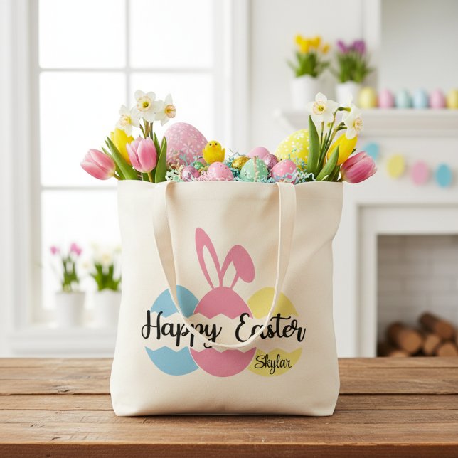Tote Bag Joyeux Oeufs Pastel de Pâques et Oreilles de lapin (Happy Easter Pastel Eggs and Bunny Ears Custom Tote Bag)