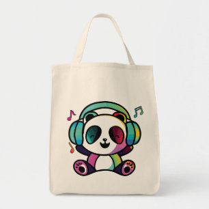 Tote Bag Joyeux Panda avec écouteurs écoutant de la musique