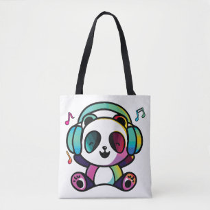 Tote Bag Joyeux Panda avec écouteurs écoutant de la musique
