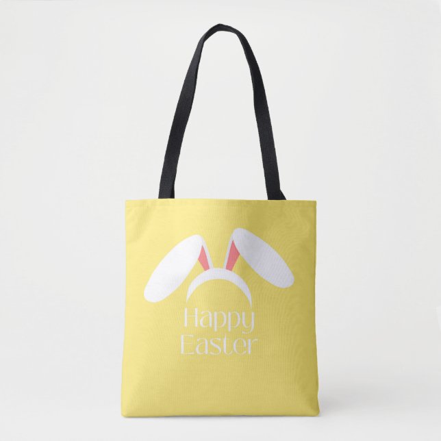 Tote Bag Joyeux Pâques blanc lapin oreilles jaune (Devant)