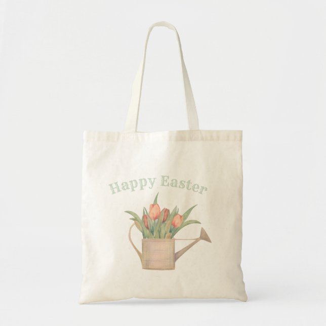 Tote Bag Joyeux Pâques, canne d'arrosage avec fleurs de pri (Devant)