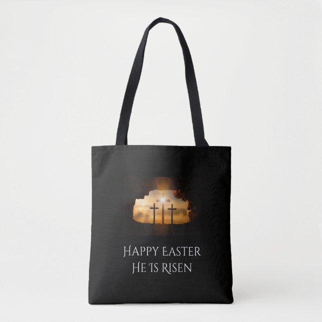 Tote Bag Joyeux Pâques Il est ressuscité Trois Croix (Devant)