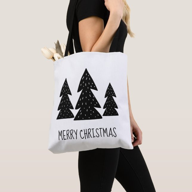 Tote Bag Joyeux pins de Noël Scandi noir blanc (De près)
