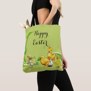 Tote Bag Joyeux Poussins de Pâques Vert oeuf Feuillage Élég