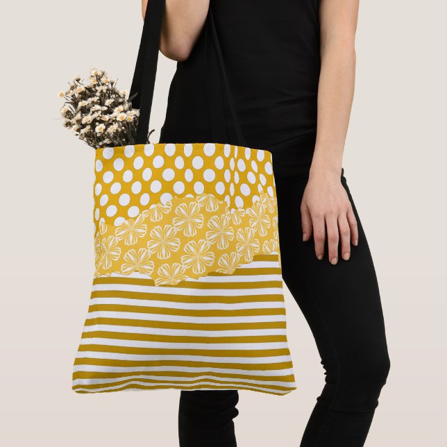 Tote Bag Joyeux rayures Jaune Polka Floral Couché (De près)