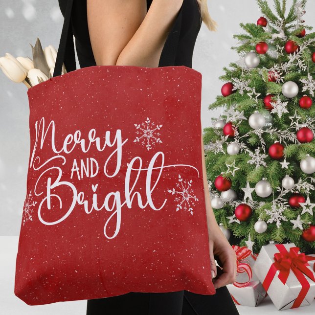 Tote Bag Joyeux rouge et blanc et Parties scintillant brill (Red & White Merry and Bright Glitter Snow Christmas Holiday Tote Bag)