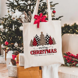 Tote Bag Joyeux sapin de Noël Leopard et Buffalo Plaid
