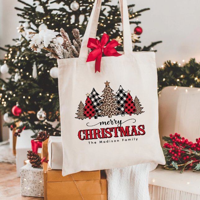 Tote Bag Joyeux sapin de Noël Leopard et Buffalo Plaid (Créateur téléchargé)