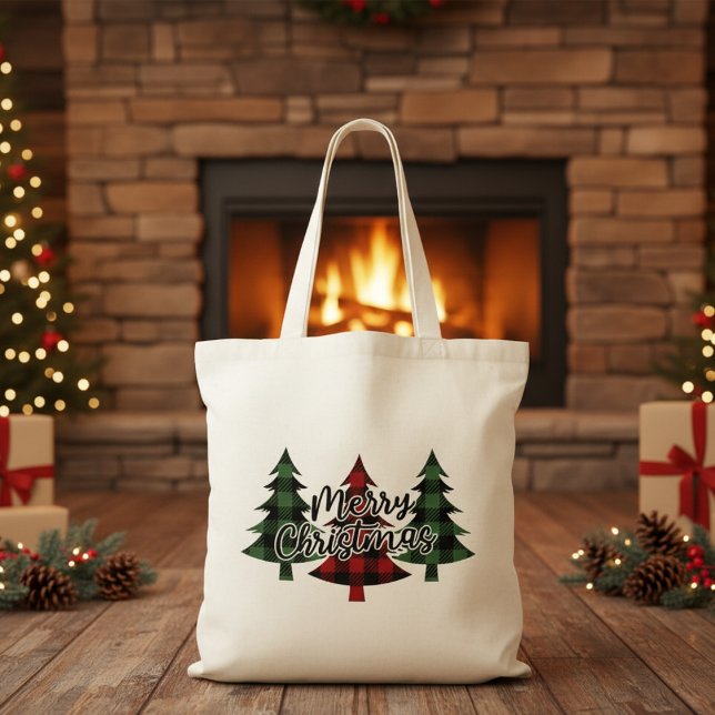 Tote Bag Joyeux sapins rouges et verts de Noël (Merry Christmas Red and Green Buffalo Plaid Trees Tote Bag)
