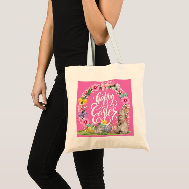 Tote Bag Joyeux Script de Pâques Floral Pink Easter Bunny E (Devant (produit))