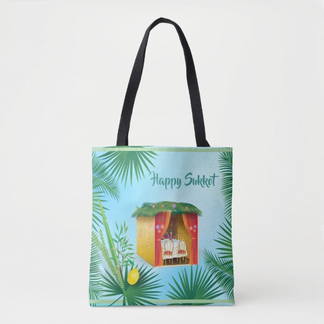 Tote Bag Joyeux Sukkot Lulav et Motif d'aquarelle Etrog (Devant)