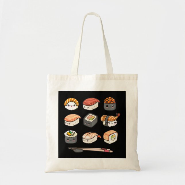 Tote Bag Joyeux Sushi Anime Kawaii Joue Nourriture Japonais (Devant)