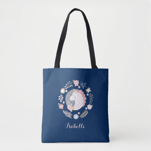 Tote Bag Joyeux Unicorn Cute marine personnalisée (Devant)