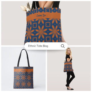 Tote Bag kaléidoscope floral Abstrait bleu foncé orange