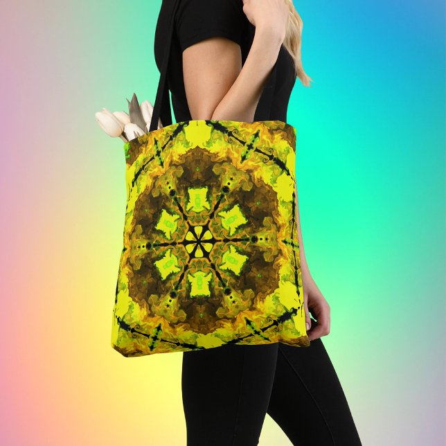 Tote Bag Kaleidoscope psychédélique Fleur Jaune et Vert (Créateur téléchargé)