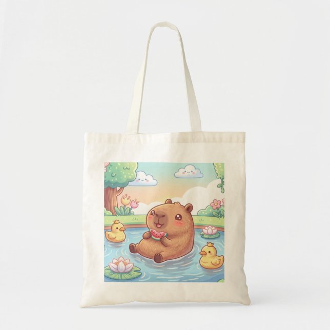 Tote Bag Kawaii capy in a pond (Devant)
