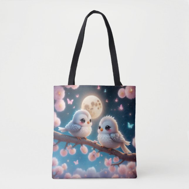 Tote Bag Kawaii Charming Birds under Moonlight (Devant)