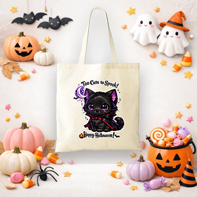 Tote Bag Kawaii Chat Vampire Noir Trick or Treat (Créateur téléchargé)