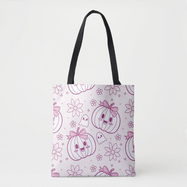 Tote Bag Kawaii Citrouilles, Fantômes & Fleurs (Devant)