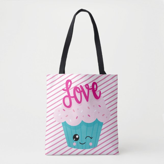 Tote Bag Kawaii Cupcake Love Rose Turquoise Stripe mignonne (Devant)