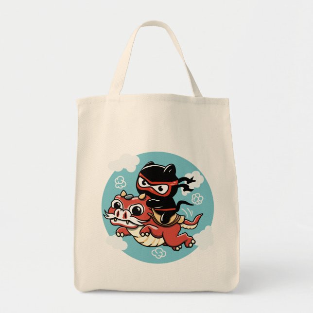 Tote Bag Kawaii Ninja Chat à cheval sur un Dragon Rouge (Devant)
