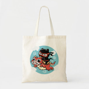 Tote Bag Kawaii Ninja Chat chevauchant un bouton de dragon