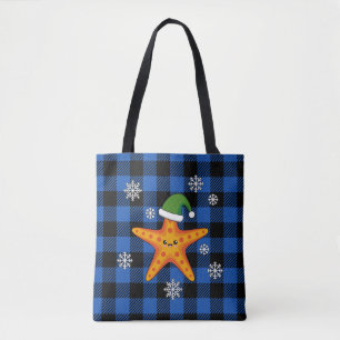 Tote Bag Kawaii Xmas Starfish sur Blue Buffalo Motif