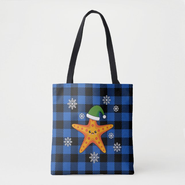 Tote Bag Kawaii Xmas Starfish sur Blue Buffalo Motif (Devant)