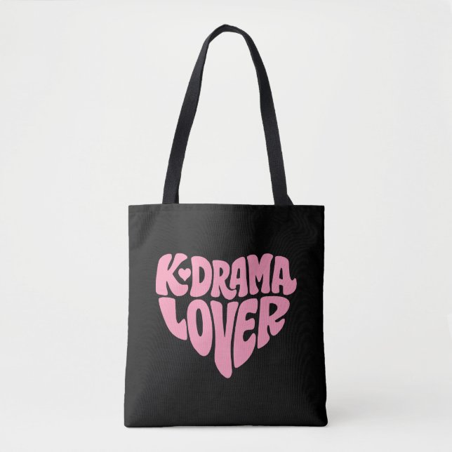 Tote Bag Kdrama Lover Pink Heart Typography Simple Black (Devant)