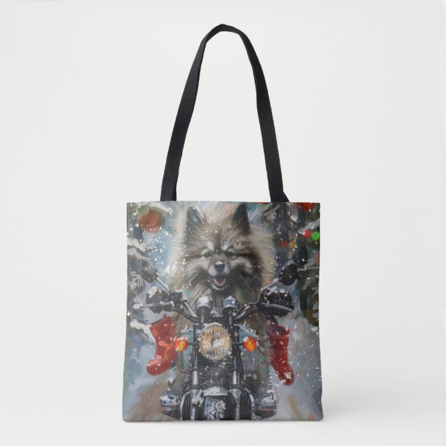 Tote Bag Keeshond chien équitation moto Noël (Devant)