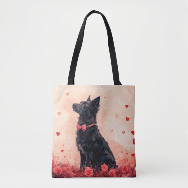 Tote Bag Kelpie australien avec des roses - Saint-Valentin (Devant)