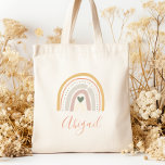 Tote Bag Kids Name Boho Pastel Earth Tones<br><div class="desc">This tote bag features a boho rainbow decorated with a heart and polka dots in muted pastel earth tones of gold,  terracotta,  beige,  dusty rose,  green and ivory. Personalize it with her name in terracotta handwriting script.</div>