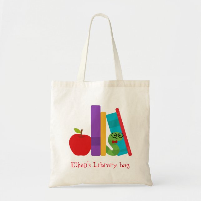 Tote Bag Kid's name cute bookworm library bag (Devant)