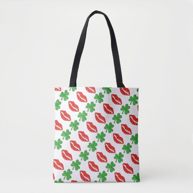 Tote Bag Kiss Me Je suis Irlandais Red Lips Green Shamrock  (Devant)
