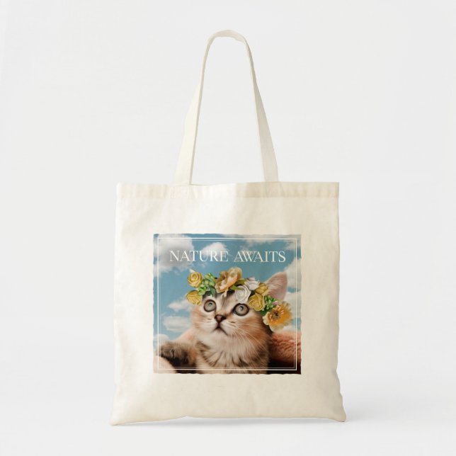 Tote Bag Kitten à la nature florale de la Couronne attend (Devant)