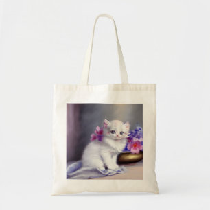 Tote Bag Kitten blanc vintage aux fleurs roses et violettes