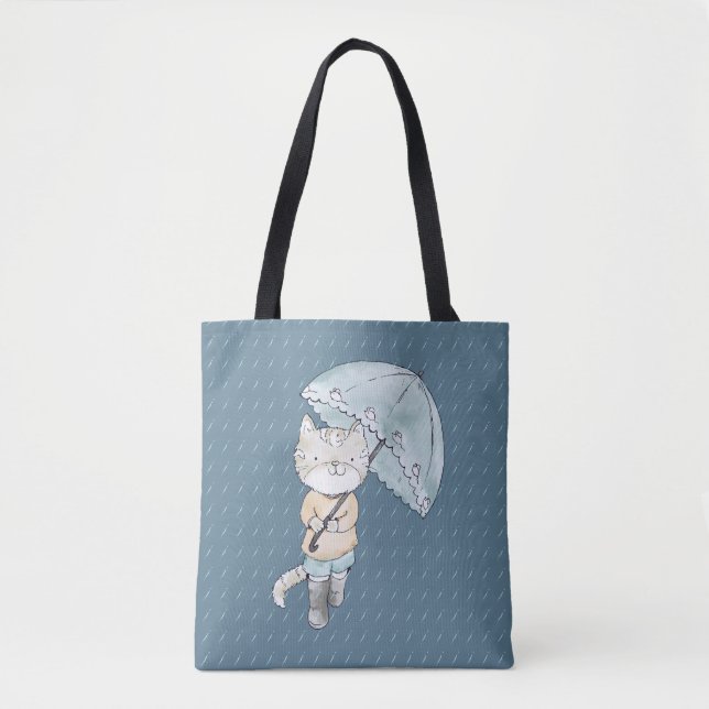 Tote Bag Kitten mou avec parapluie en pluie illustration (Devant)