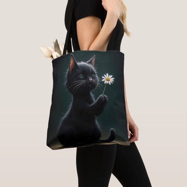 Tote Bag Kitten noir avec marguerite blanche (De près)