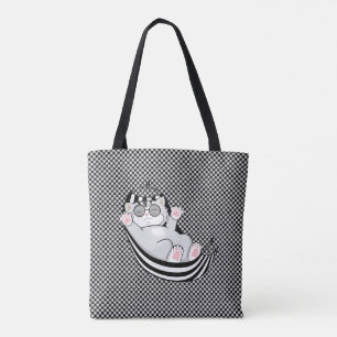 Tote Bag Kitty chat sur motif d'échecs noir et blanc