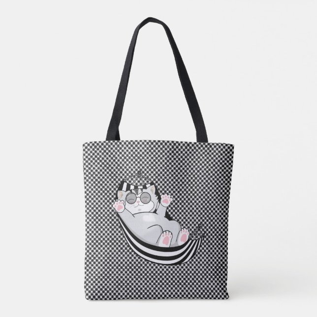Tote Bag Kitty chat sur motif d'échecs noir et blanc (Dos)