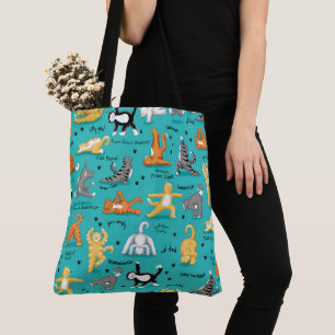 Tote Bag Kitty Chat Yoga Poses Turquoise bleu jaune
