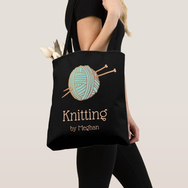Tote Bag Knitters Tricot Yarn Ball Logo Carré noir (De près)