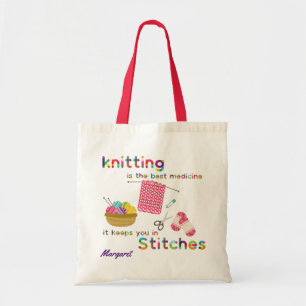 Tote Bag Knitting is the Best Medicine Rainbow Quote Pink